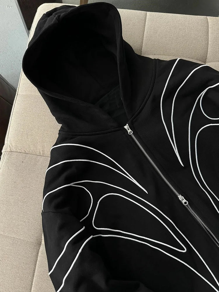 Street Retro Fashion Clothing Striped Embroidered Black Double Zipper Hoodie American Hip-hop Punk Oversized Sweatshirt Women