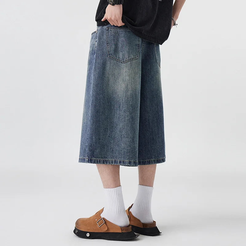 Men's Non-Elastic Denim Seven-Five Shorts Loose Wide Leg Fit Versatile Simple Style Casual Shorts ATFH