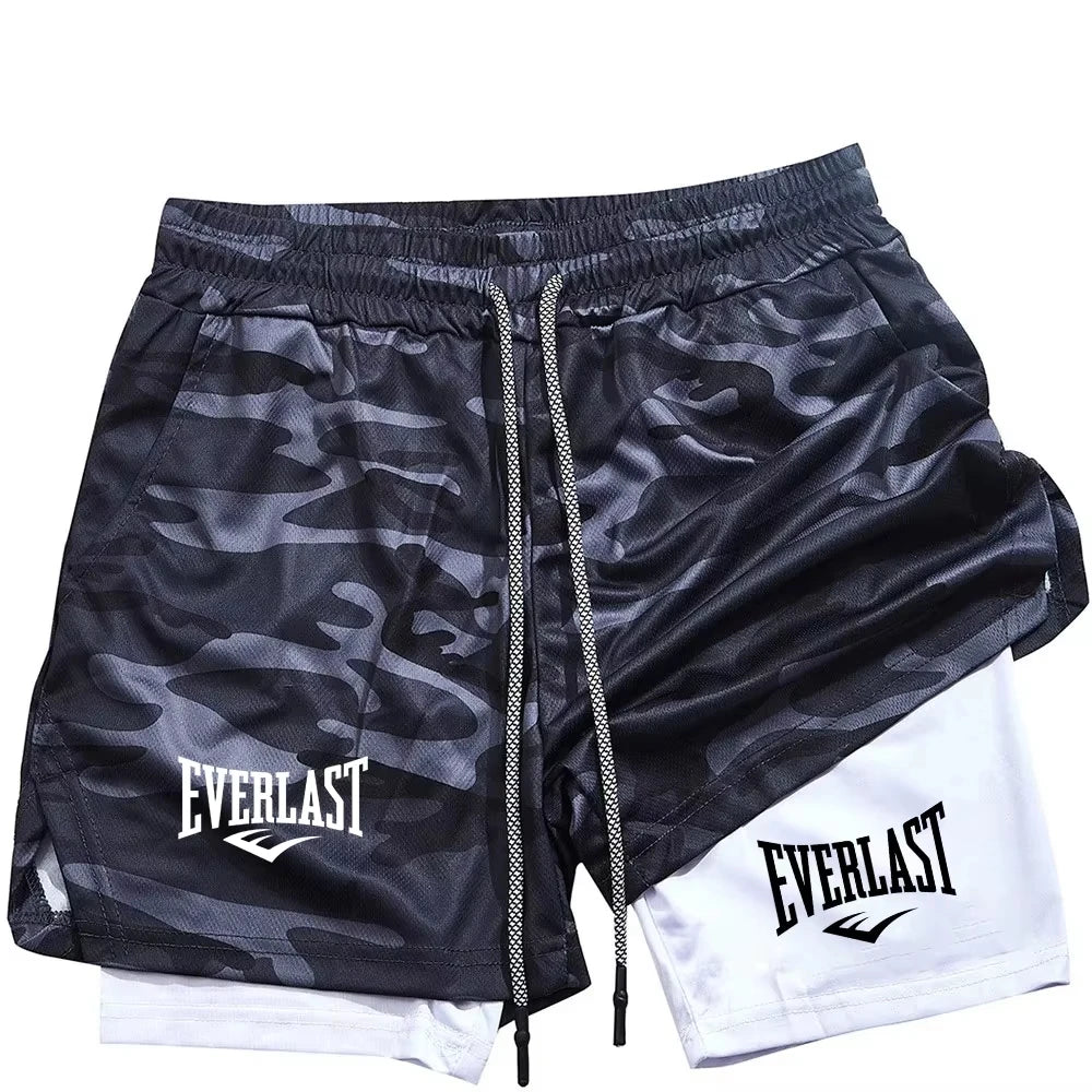 Men's Compression Sports Shorts Everlast Printed Sports Pants Double-Layer Quick-Dry Basketball Beach Muscle Fitness Pocket Towe