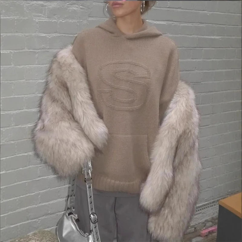 Y2K Retro S Letter Knit Hoodie Loose Casual Pullover For Women & Teens, Streetwear Campus Cozy Fall Outfit Halloween Gift - ATFH