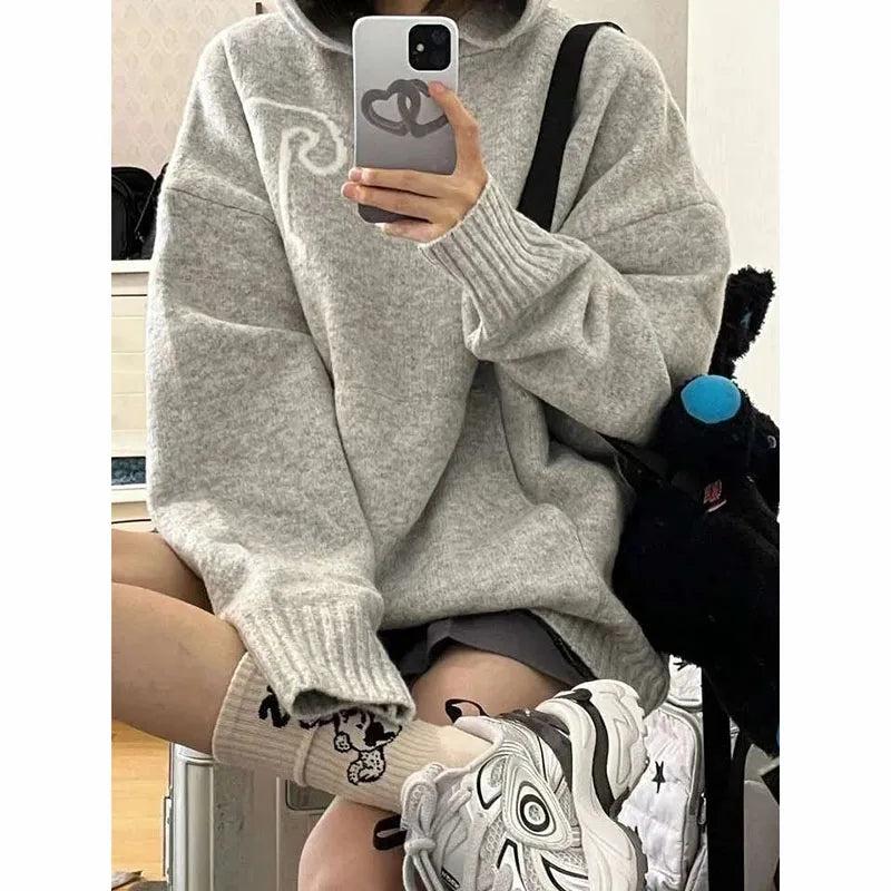 Gray Letter Graphic Hoodie Sweater Women Y2K Autumn Loose Korean Warm Knit Sweatshirt Bf Streetwear Oversize All Match Pullover - ATFH