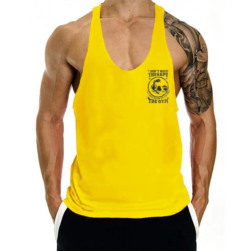 Men's "I don't need therapy, just the gym" Muscle Graphics Stringer Vest-Sleeveless Fitness, Bodybuilding and Plus Size Exercise