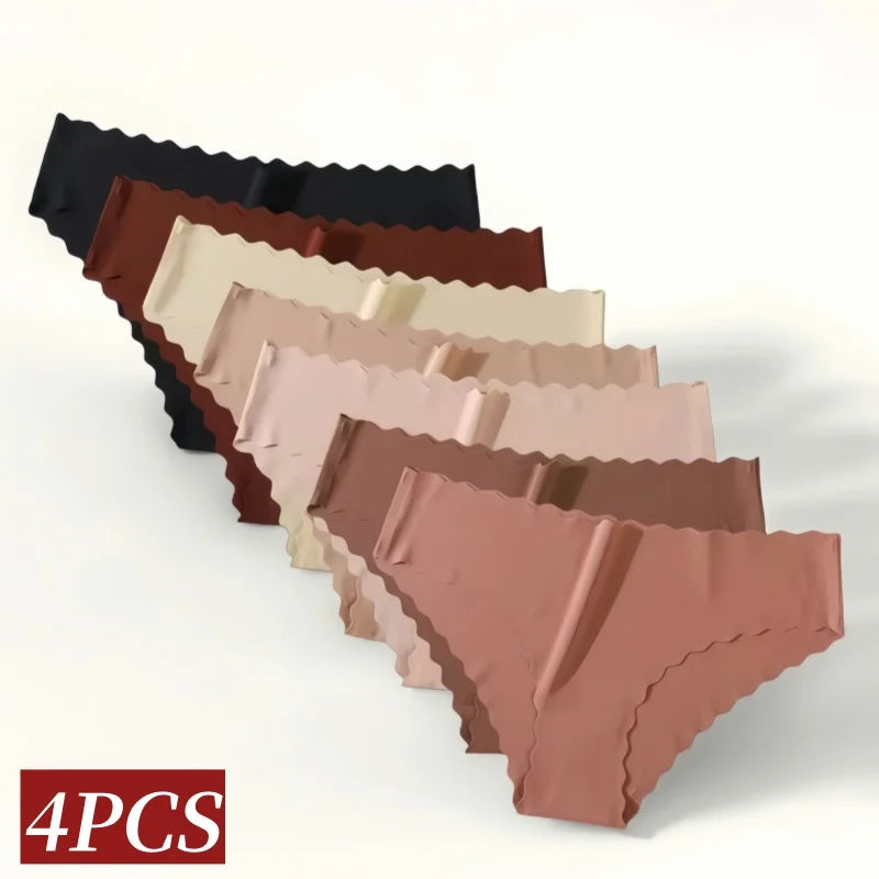4Pcs/Set Ice Silk Mid-Rise Panties Women's Seamless Briefs Solid No Show Underwear Scalloped Edge Panties Sexy Lingerie XS-XL