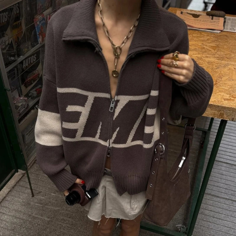 Autumn/Winter Collar Letter Color Blocked Zipper Sweater Women Fashion Soft Sticky Knitted Top  Sueter Mujer Jumper Pullover New - ATFH
