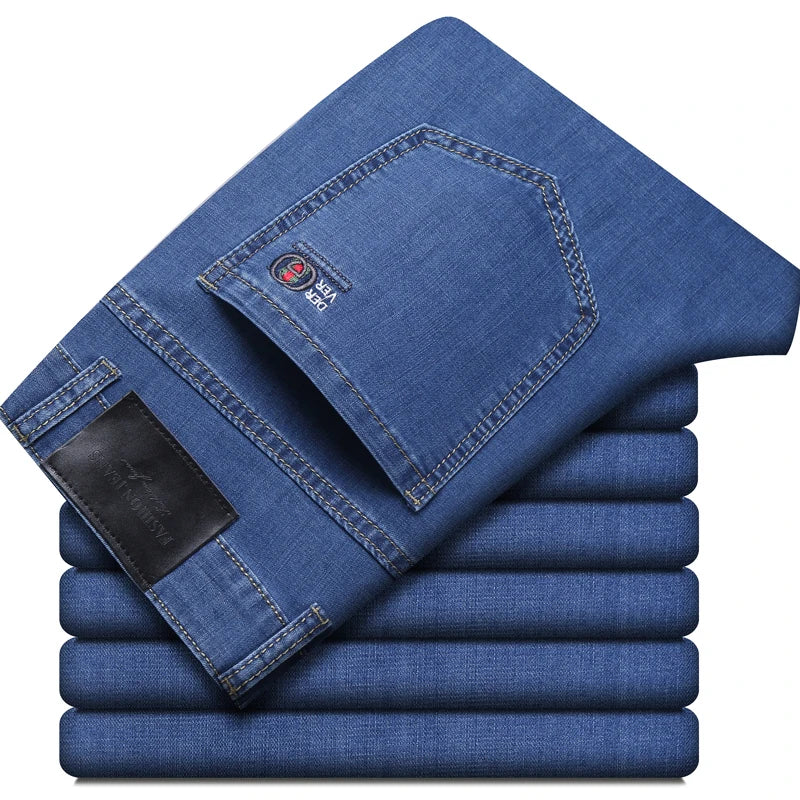 Summer New Elastic Men's Jeans Fashion Comfortable Business Straight Stretch Cotton Casual Denim Pants Brand Male Thin Trousers ATFH