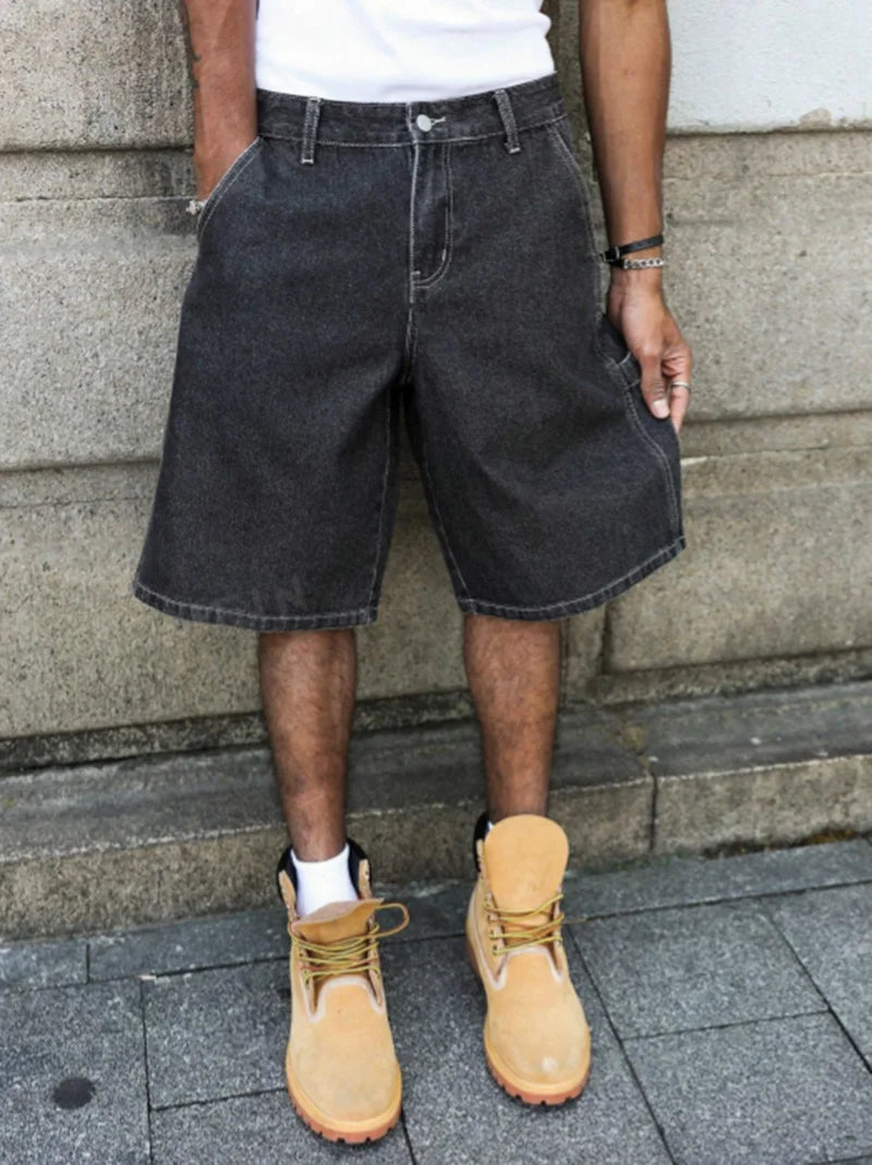 Men's Summer Black-Grey Loose Baggy Denim Shorts ATFH