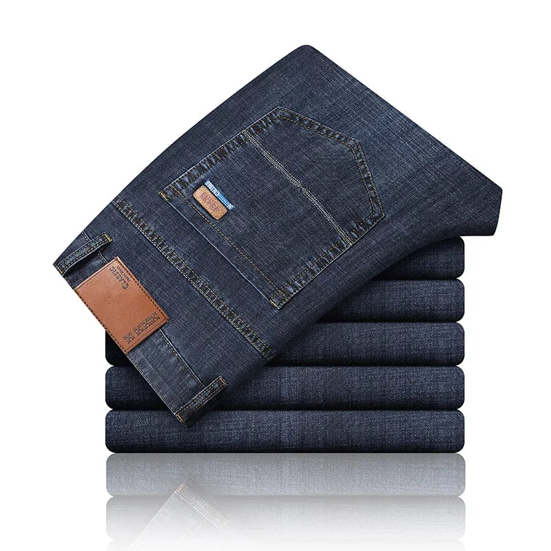 New Ice Silk Thin Denim Jeans For Men Blue Straight Stretch Cotton Pants Business Casual Lightweight Trousers Spring Summer ATFH