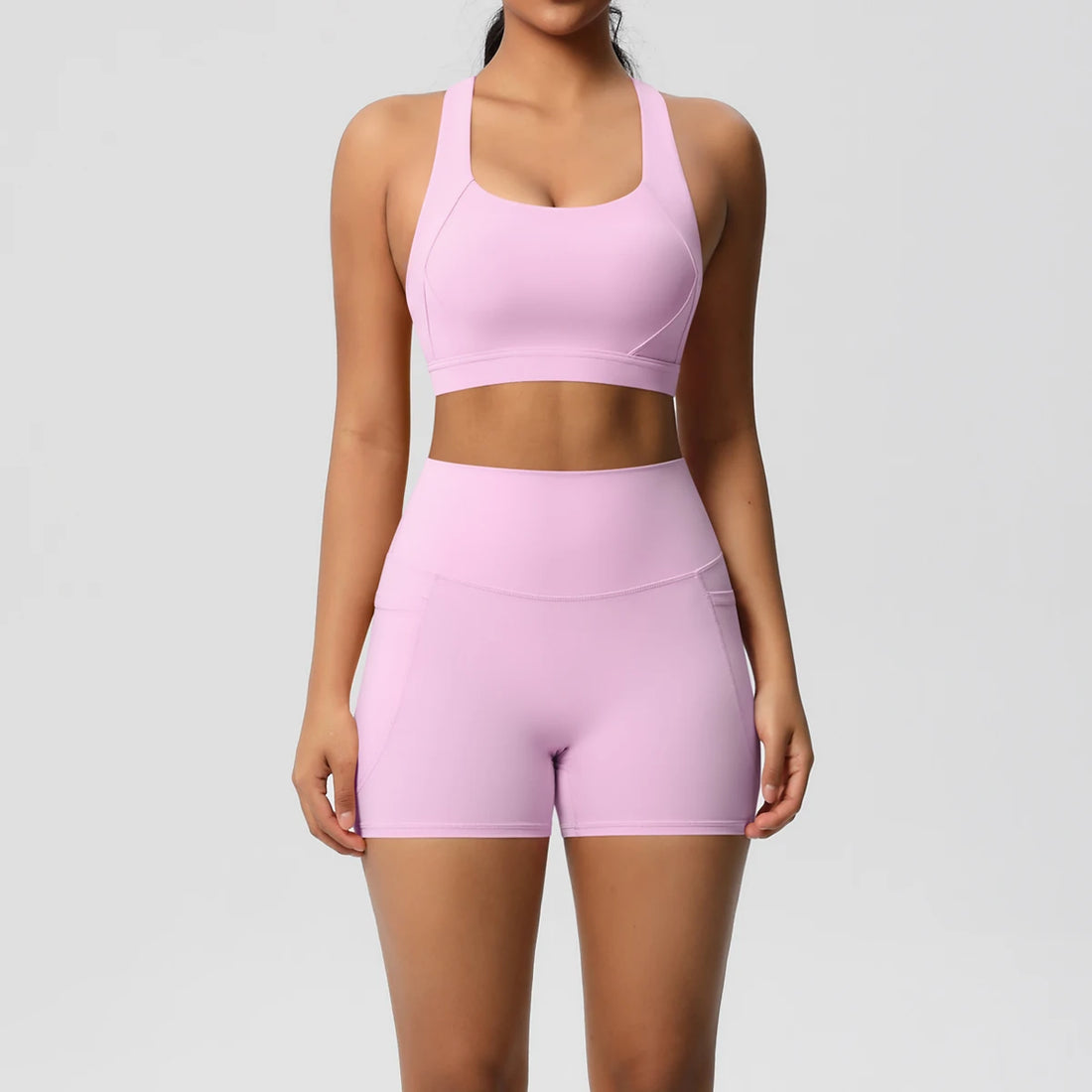 2PCS Sportswear With Pocketed Yoga Set Gym Clothes Yoga Suits For Women Tracksuits Sports Shorts Crossover Bra Gym Leggings - ATFH