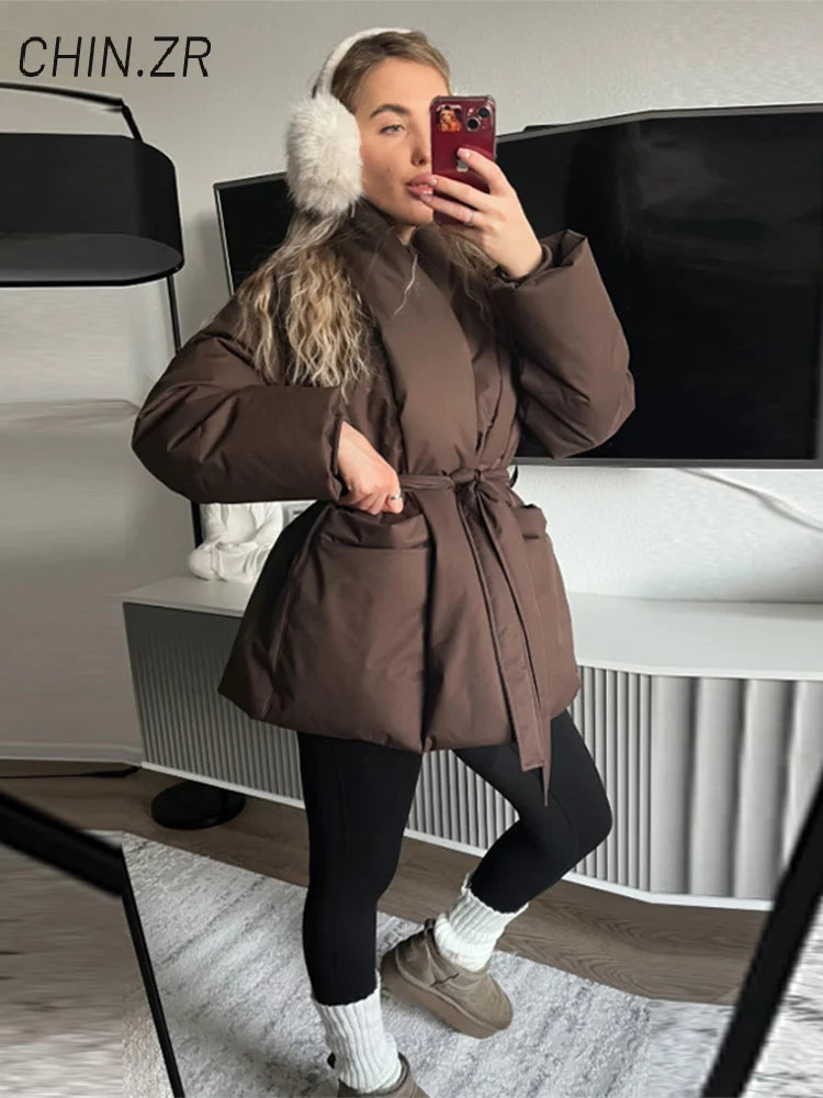 Casual Lace Up Women Winter Coats 2025 Belt Stand Collar Zipper Full Sleeve Kimono Jacket Lady Solid Thick Warm Outwear New ATFH