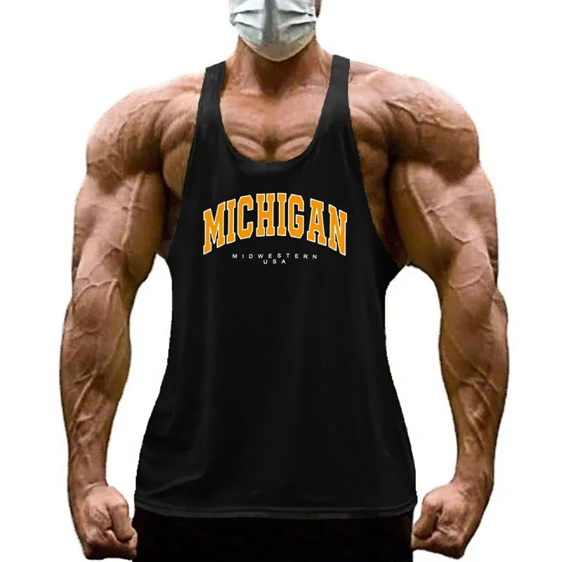 Michigan Midwestern USA Print Sport Tank Tops Mens Fitness Y-Back Cotton Sleeveless Shirt Gym Bodybuilding Muscle Stringer