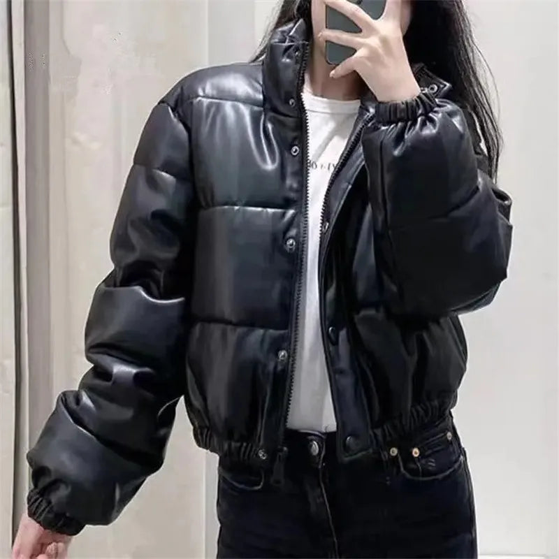 Short Cotton Jacket Parkas Women Winter Warm Thick Down Cotton Leather Coat Fashion Cotton Padded Zipper Overcoat Female