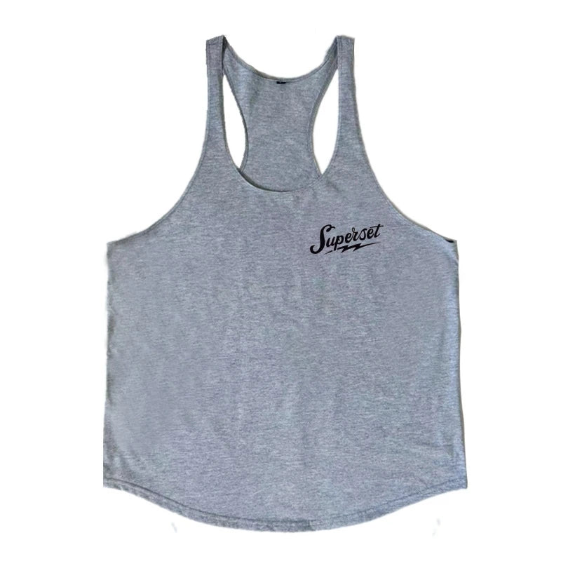 Men's "Superset" Graphic Stringer Vest - Cotton Sleeveless Shirt for Gym Fitness, Bodybuilding & Workout Undershirt