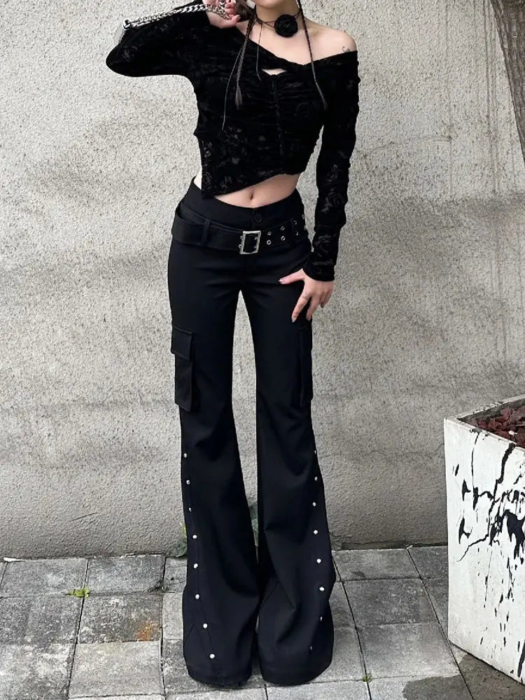 Retro new pure black rivet design belt decorative slim pants for women y2k Harajuku Goth low-waisted flared pants ATFH