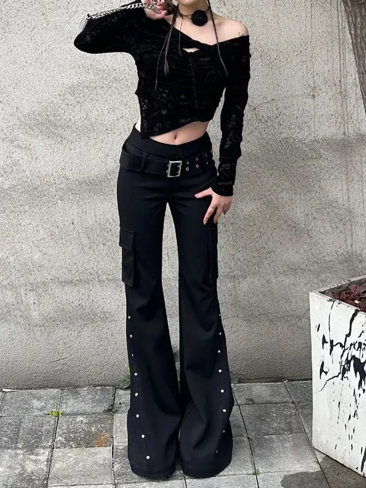 Retro new pure black rivet design belt decorative slim pants for women y2k Harajuku Goth low-waisted flared pants ATFH