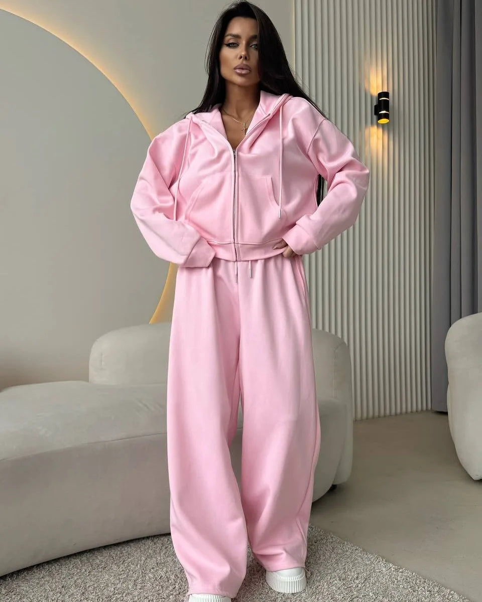 Cotton Hoodies Sweatshirt Two-piece Suit Women Casual Sports Sets Autumn Zip-up Short Coat Straight Trousers Loose 2-piece Sets