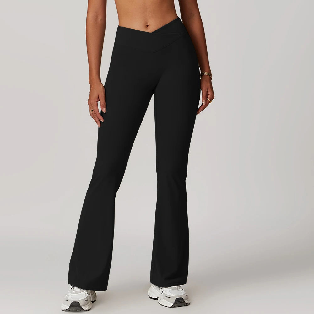 Gym Leggings Women High Waist Flared Pants Cross Waist Sport Tights Ladies Push Up Fitness Leggin Workout Clothes ATFH