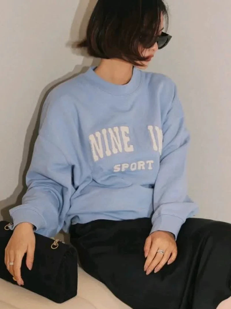 Women's hoodie for autumn 2025 comfortable casual classic letter decoration blue pure cotton warm sportswear - ATFH