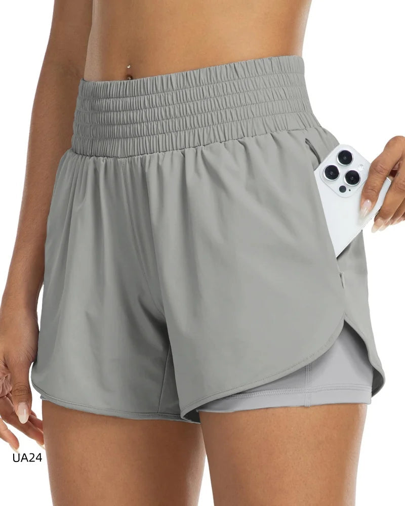 Women's High-Waisted 2-in-1 Quick-Dry Shorts with Zipper Pocket Elastic Waist for Workout Running Gym Yoga Fitness Sportswear Tahsi Fashion House