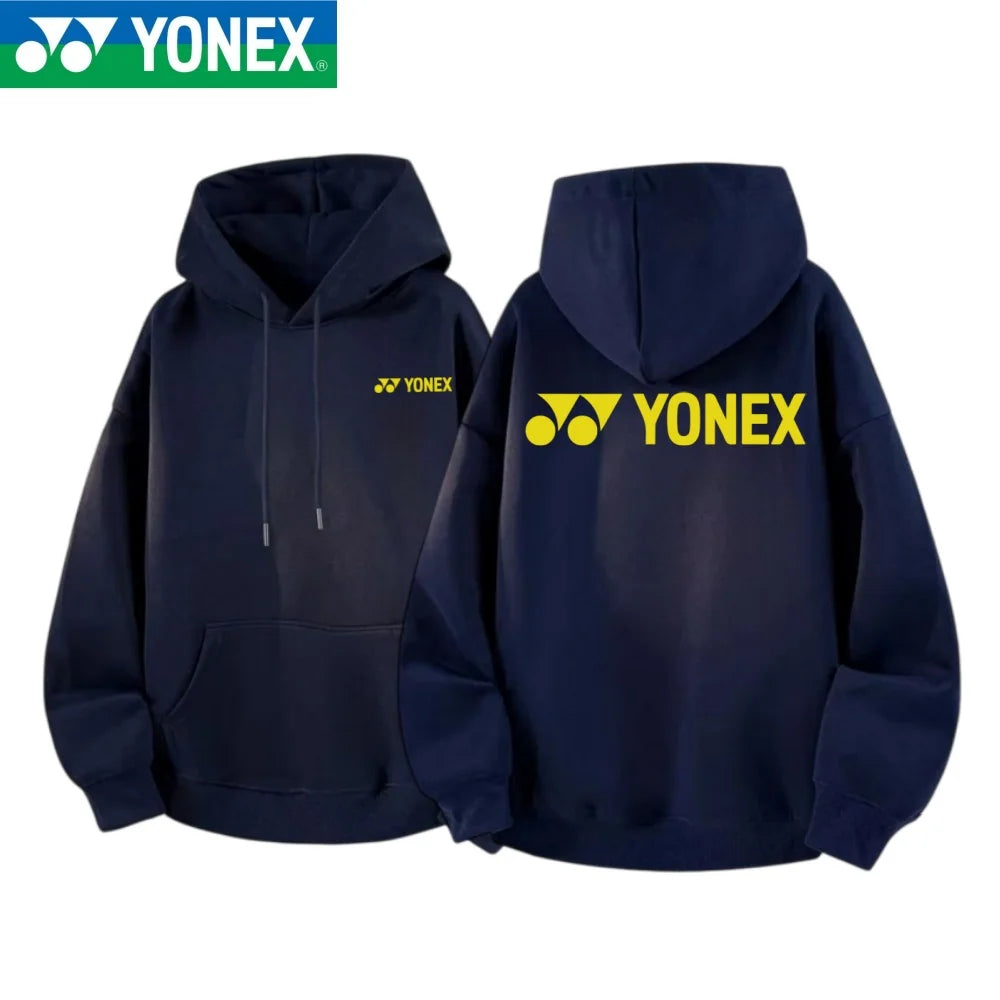 YONEX 2026 cotton hooded jacket with multi-color logos printed on the front and back, suitable for outdoor sports such as badmin