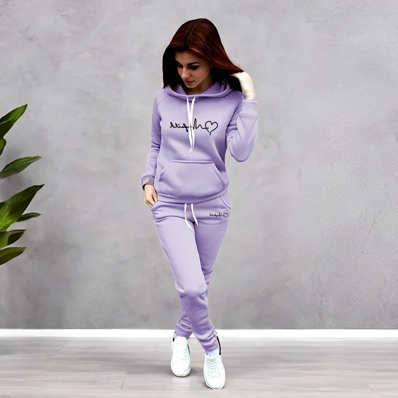 2026 Spring Women's Fashion Casual Printing Hooded Tracksuit Quality Ladies Daily Jogging Sport Two Piece Set Outfits