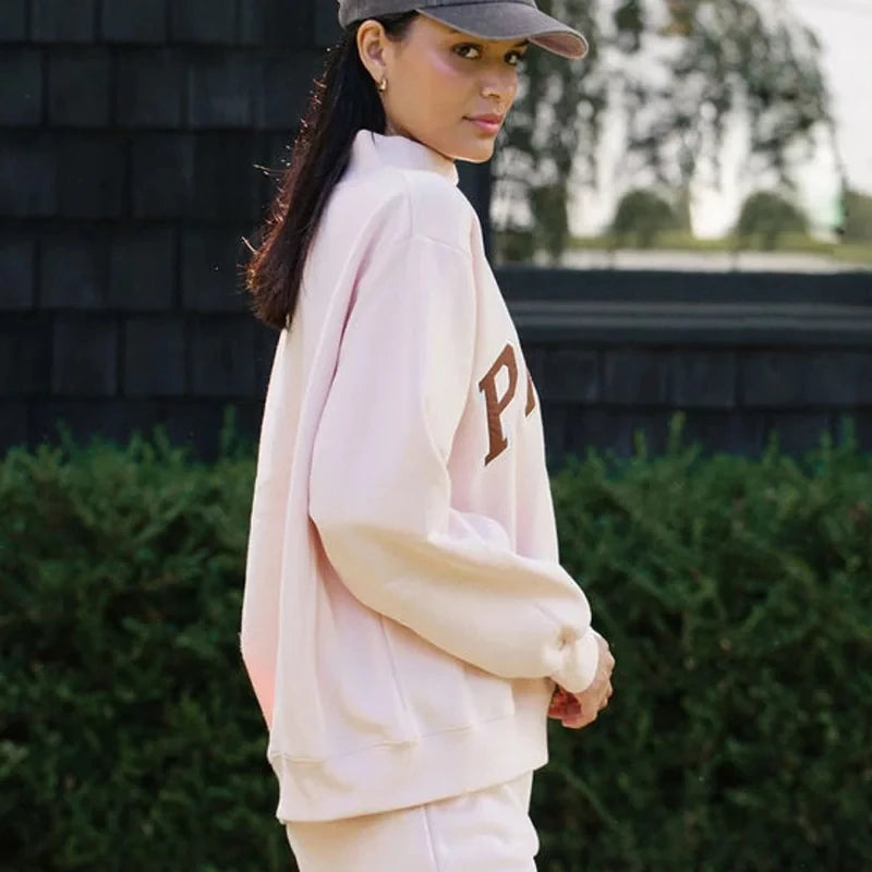Pink Sweatshirt Women Comfortable Long Sleeve Sweatshirt Autumn Spring High Neck Loose Women's Letter Embroidery Hoodie Pullover - ATFH