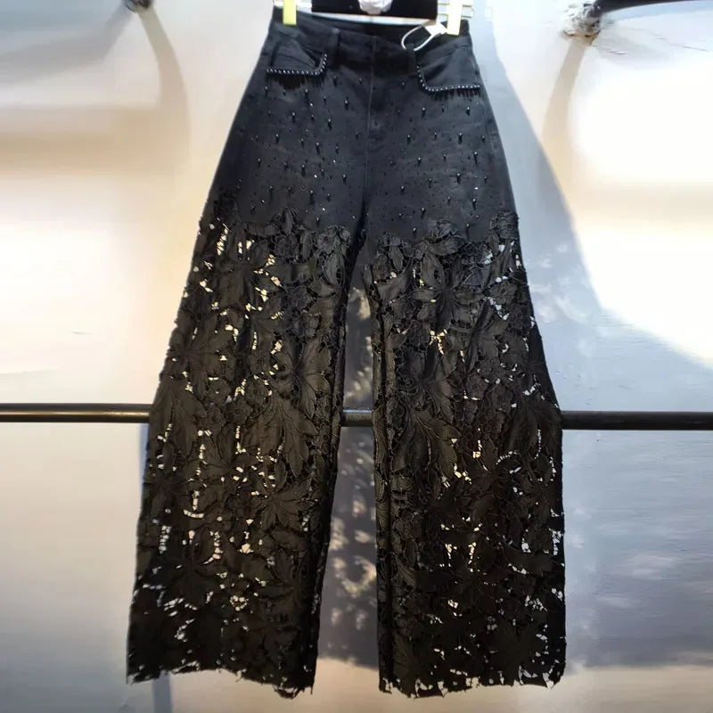 New Summer Denim Patchwork Hook Flower Hollow Lace Straight Leg Wide Leg Pants Casual High Waist Heavy Embroidery Rhinestone ATFH