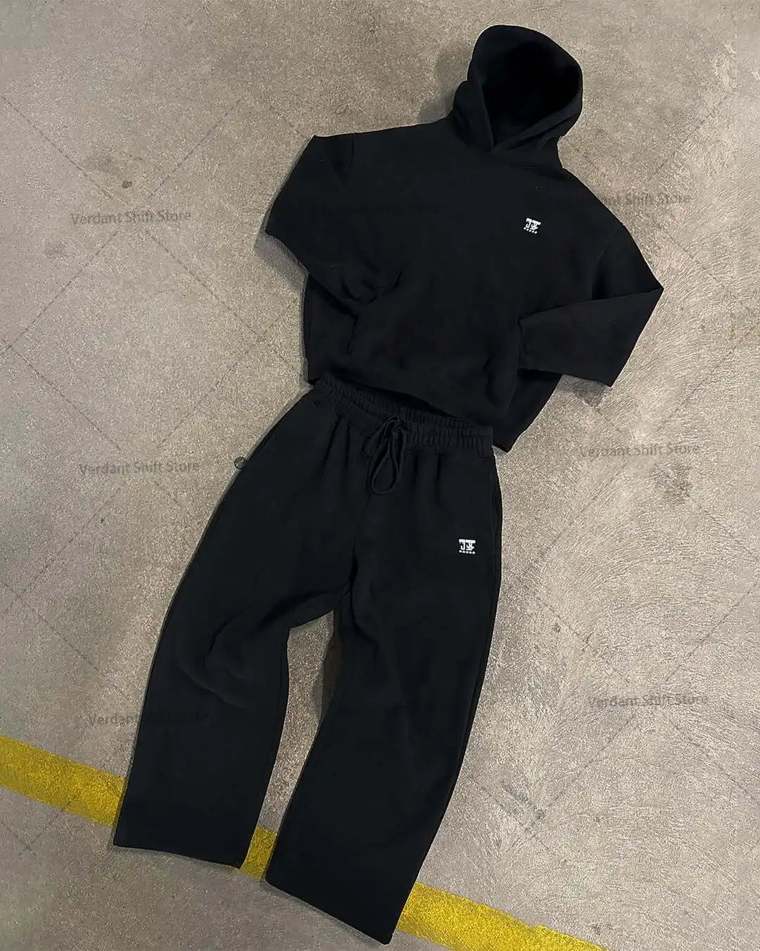 Black hoodie and wide-leg sweatpants set  Street-style minimalist fashion trend sportswear set Neutral-style streetwear fashion - ATFH