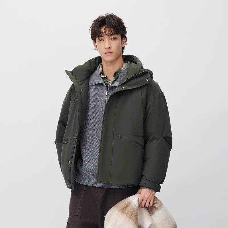 Semir Men Down Jacket 80 Percent Down Fill Drawstring Hooded Solid Color Workwear Large Pocket 2026 New Winter Daily Wear