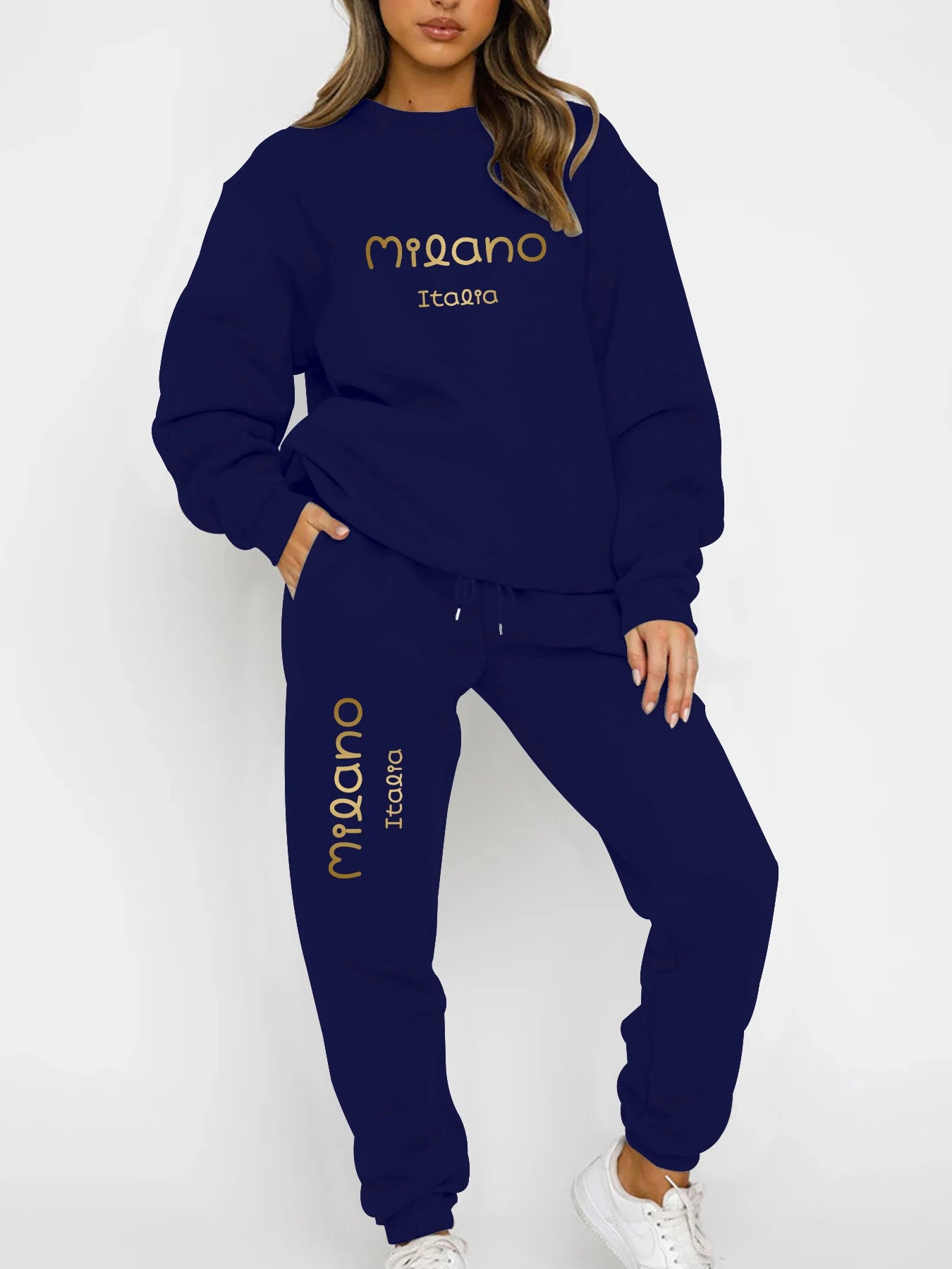 Autumn and Winter Essential Fleece-Lined Thickened Crewneck Sweatshirt Set, European and American Trendy Couple's Sweatshirt and Sweatpants Two-Piece Set, Women's Loose Oversize Sweatshirt + Long Pants, Long-Sleeve Regular Fi