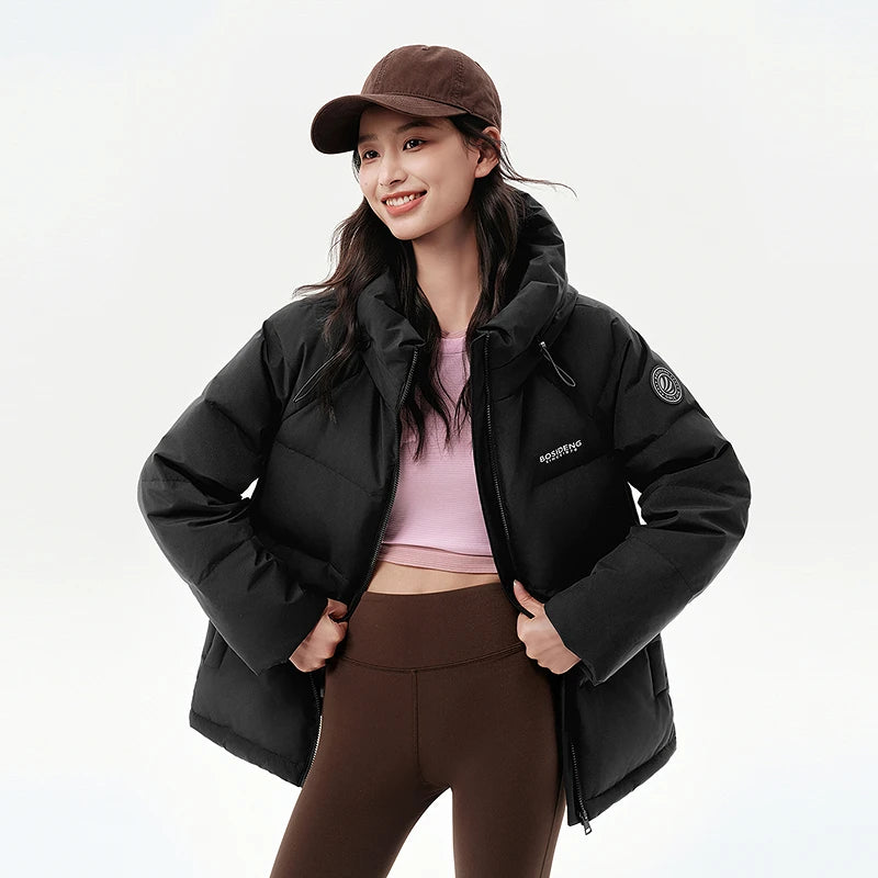 Bosideng Womens Raglan Sleeve Short Down Jacket With Knitted Cuffs Drawstring Hood And Fleece Pockets Winter Warm Fashion Coat