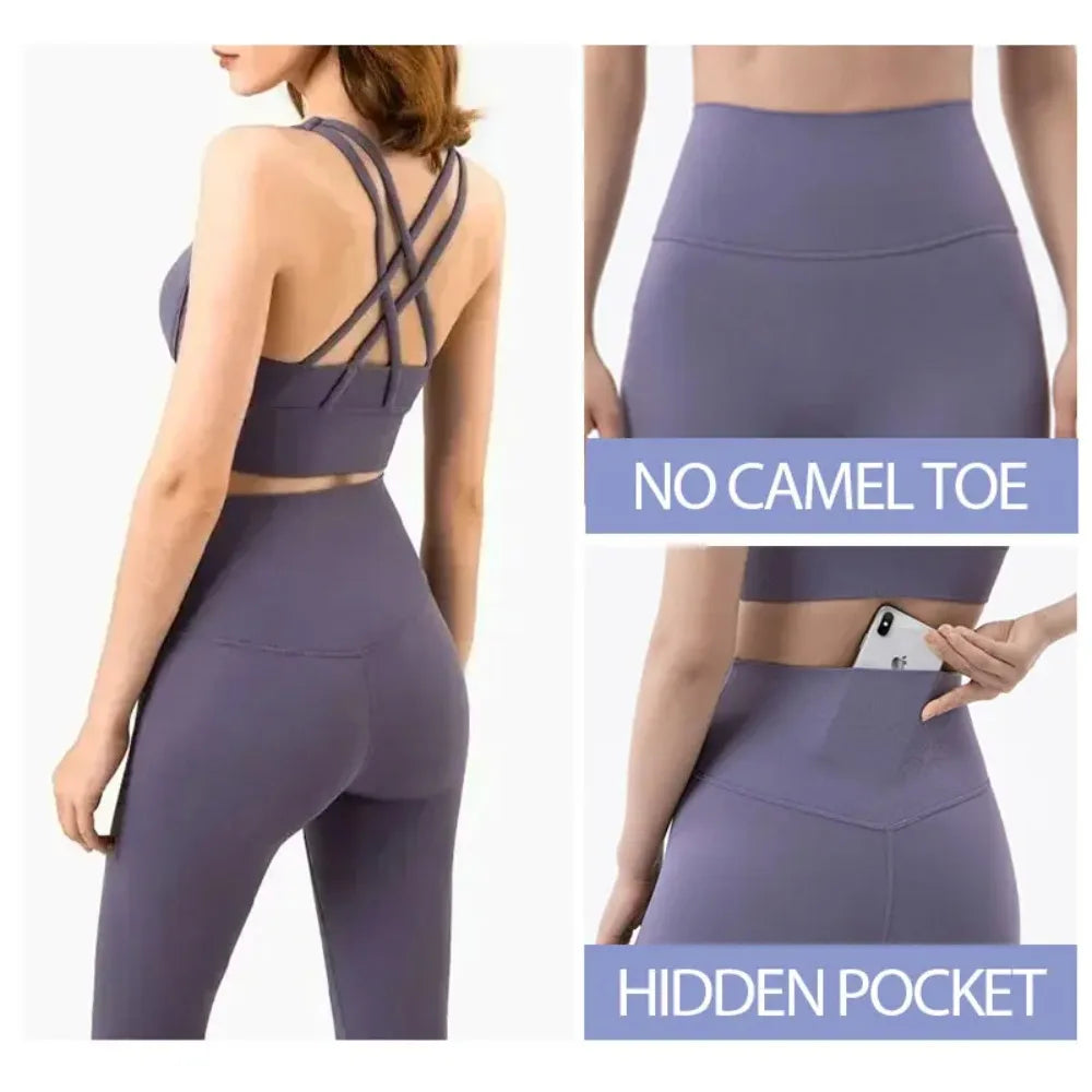 Women's 2 Piece Sports Set - High Waist Booty-Lifting Leggings with Back Pocket & Sports Bra Yoga/Gym/Running Workout Outfit - ATFH