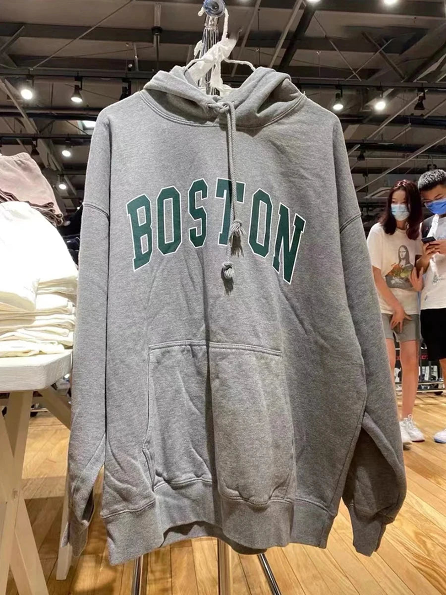 Autumn Letter Print Loose Drawstring Hoodies Women New Casual Pocket Streetwear Cotton Pullover Top Sweet Cute Sweatshirts OOTDS - ATFH