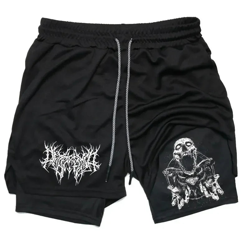 Shorts Men Quick-drying Fitness Skull Print Double Layer Shorts Workout Training Running Bodybuilding Sportwear