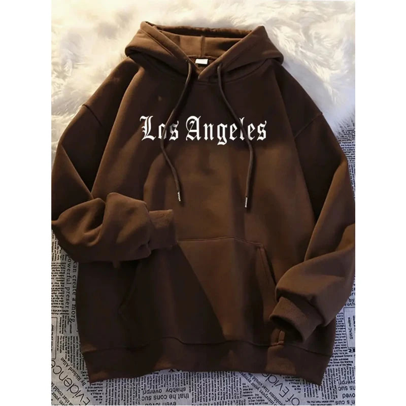Men's autumn and winter casual fashion loose hoodie Los Angeles letter printed long sleeved warm pullover sweater - ATFH