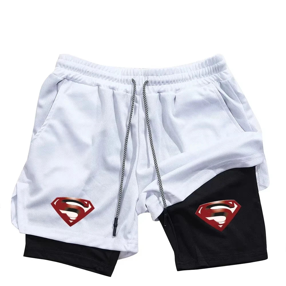 Superhero Print 2 in 1 Running Workout Sport Mesh Shorts Men Gym Performance with Phone Pocket Towel Loop Fitness Apparel