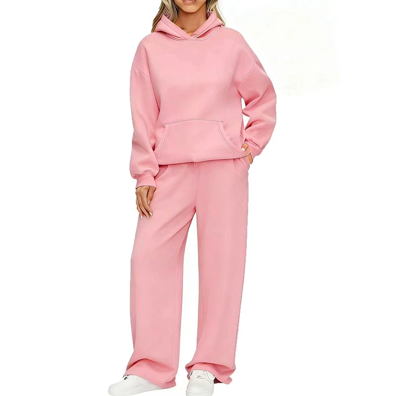 Autumn Winter Women Hoodie+Wide leg pants two pieces Casual pullover loose long sleeve tracksuit comfortable sports Women suit
