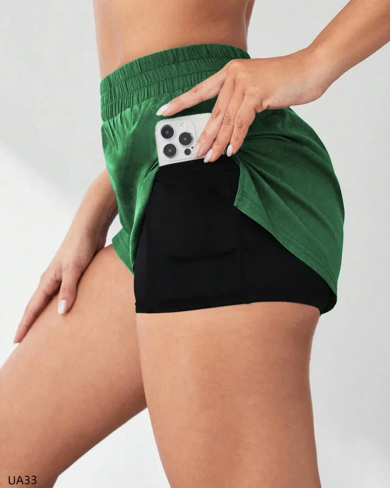 Women's High Waist 2-in-1 Running Shorts with Pockets Athletic Gym Shorts for Yoga And Workout with Inner Liner And Side Pockets Tahsi Fashion House