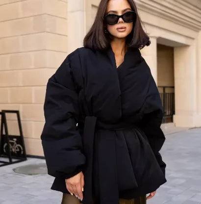 Casual Lace Up Women Winter Coats 2025 Belt Stand Collar Zipper Full Sleeve Kimono Jacket Lady Solid Thick Warm Outwear New ATFH