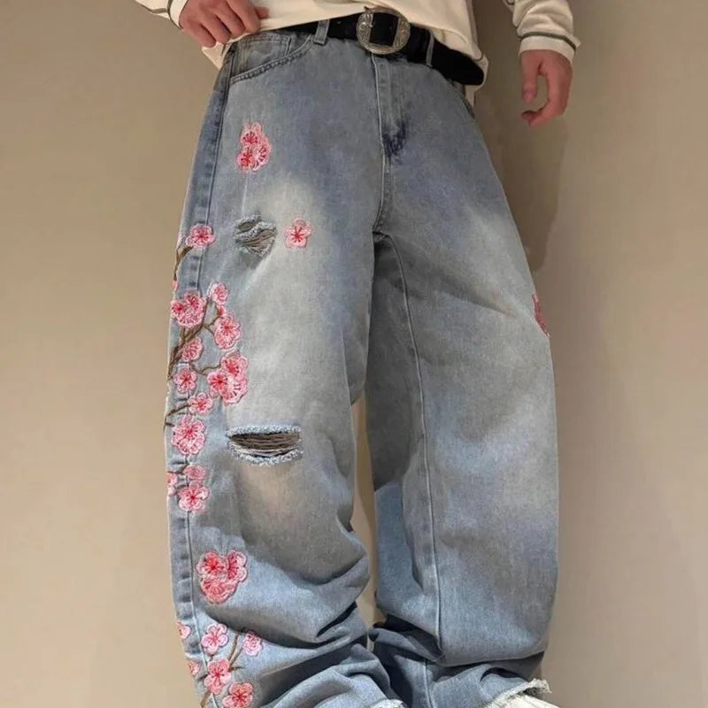 Harajuku Patchwork Cherry Blossom Embroidery Denim Pants Y2K Vintage Women Baggy Straight Wide Leg Jeans Street Men Clothes ATFH