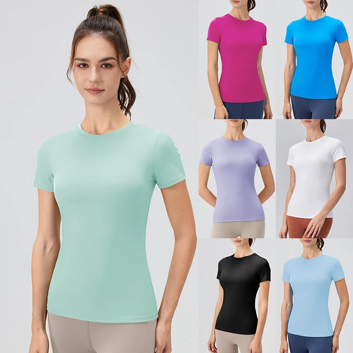 2024 Women Sports Shirt Tight Yoga top Quick Dry Gym Top Outdoor Short Sleeve  Running Sportswear Women T-shirts - ATFH