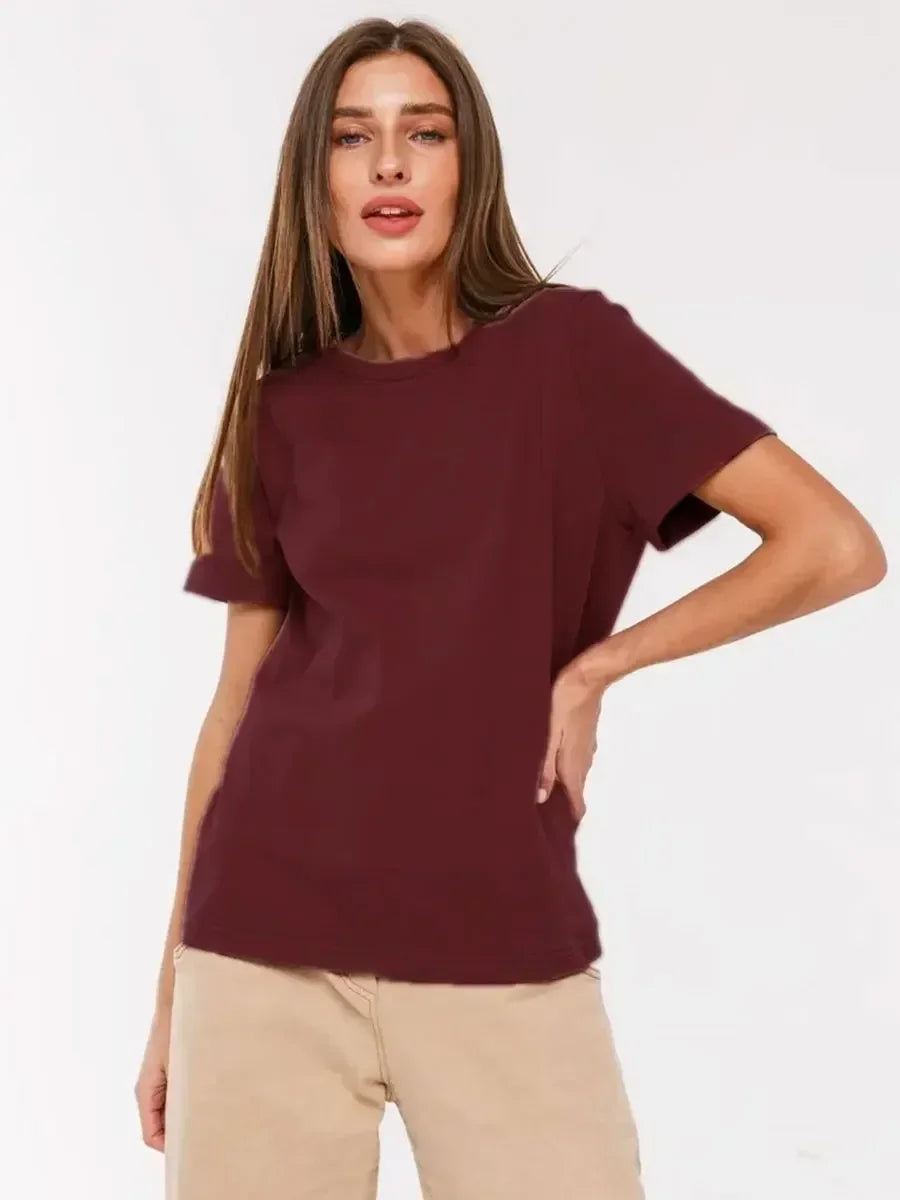 Bornladies Summer 100% Cotton Women's T-shirt Bottoming Basic Fashionable Solid Lady Short Sleeve Loose Tops Shirts 230g/㎡ Tops - ATFH