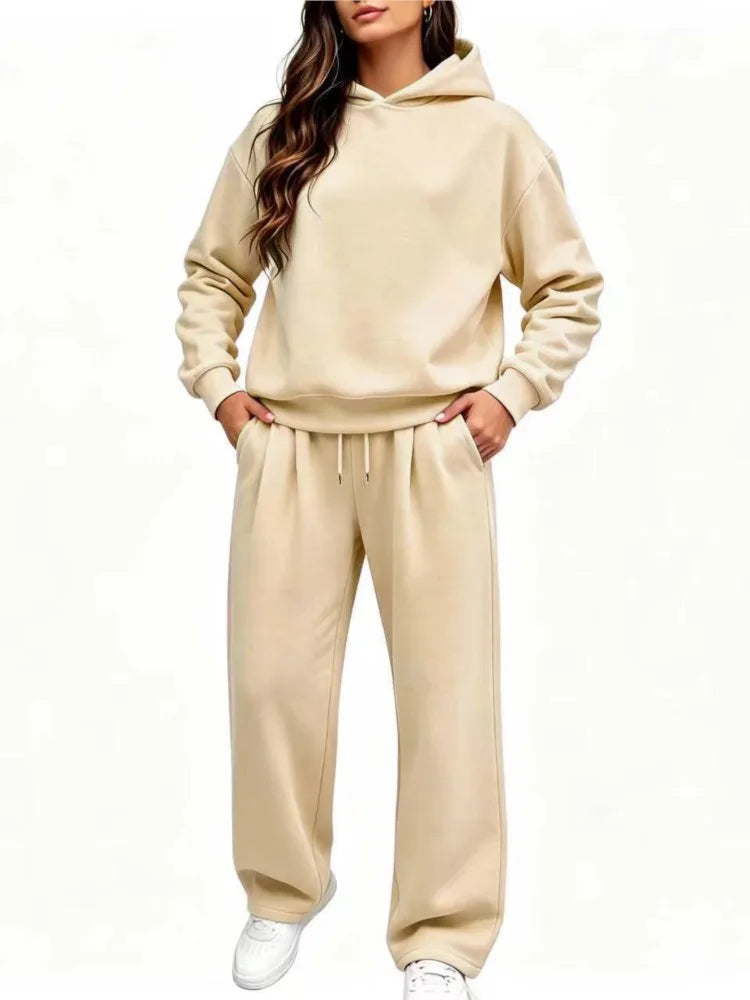 Casual Hooded Sweatshirt Set 2026 Autumn And Winter Solid Color Long Sleeved Women's Fashionable Loose Women's Top Two-piece Set