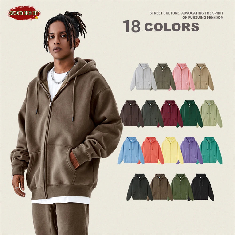ZODF Basic Winter Men Fleece Zipper Hoodies Unisex Casual Loose 350gsm Warm Solid Hooded Sweatshirts Coats 18 Colors HY0726 - ATFH