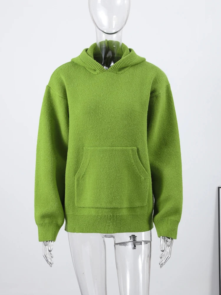 Casual Hooded Sweater Pullover Women's Loose Full Sleeves Knitted Coats With Pockets 2025 New Autumn Winter Ladies Solid Outwear - ATFH