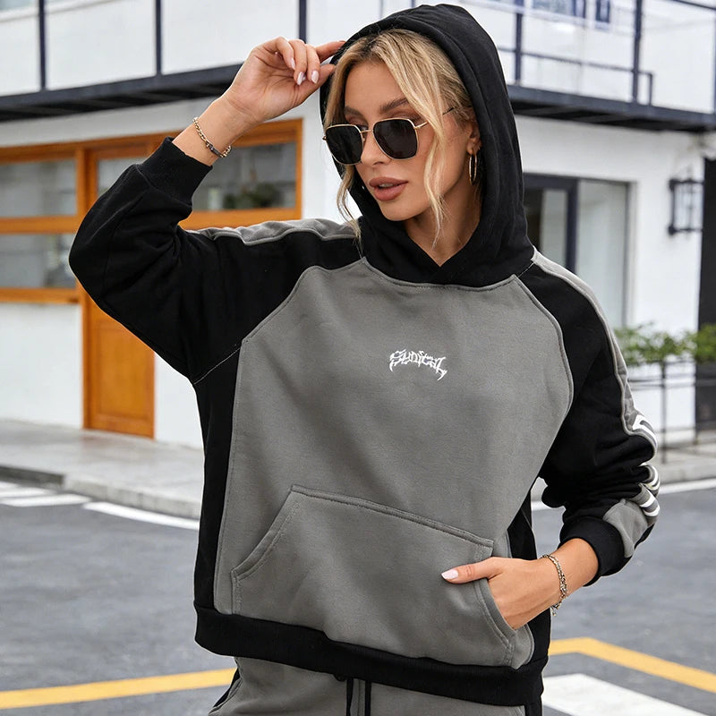 Letter Embroidery Hoodie Contrast Stitching Fashion Long Sleeve Loose Pullover 2000s High Street Vintage Hip Hop Rock Sweatshirt - ATFH