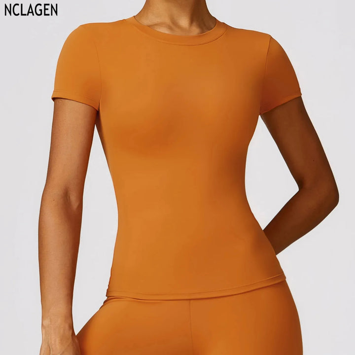 NCLAGEN Short Sleeve T Shirt Women Sports Clothes Running Workout Round Neck Breathable GYM Wear Yoga Fitness Active Top Tee - ATFH