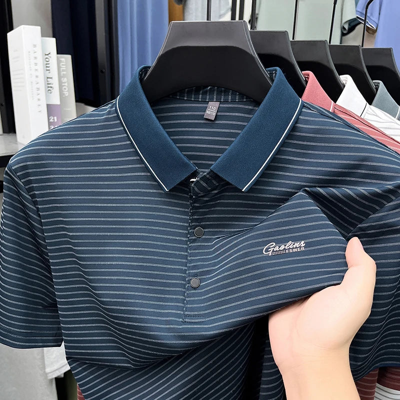 Summer New Style Men's Striped Lapel Fashion Simple Breathable Polo Shirt