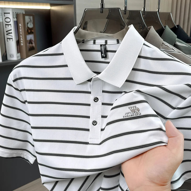Fashion luxury letters embossed short sleeve polo shirt men's high-quality brand casual breathable summer new striped T-shirt