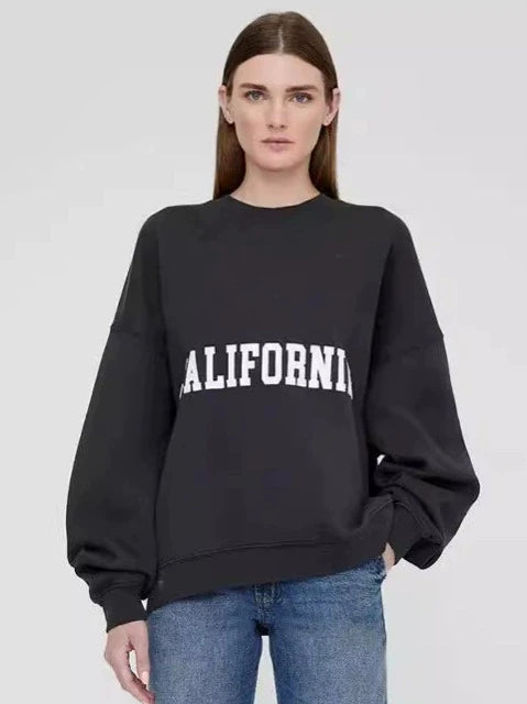 Grey Classic Letter Patch Embroidered Sweatshirt Women Soft Fleece Lining Crew Neck Long Sleeve Sweatshirts Female Autumn Winter - ATFH