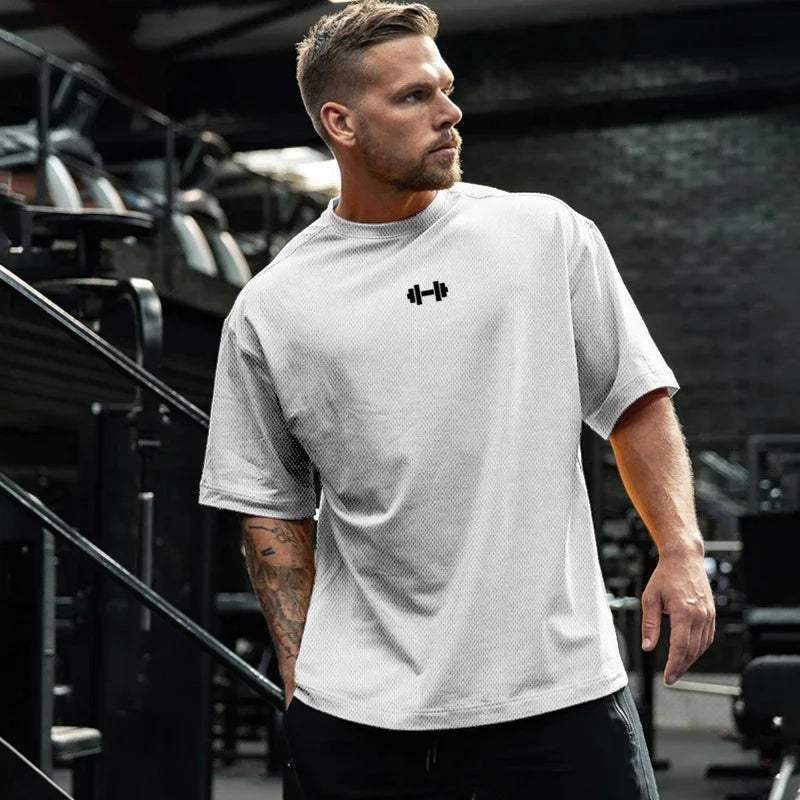 Oversized Loose Gym Clothing Mesh Quick Dry Bodybuilding Fitness Men Short Sleeve Barbell print Sport Streetwear Workout T-Shirt ATFH